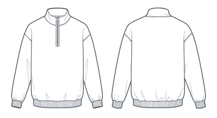 Fashion Illustration: Front and back view of a white quarter zip sweatshirt outline sketch © nad