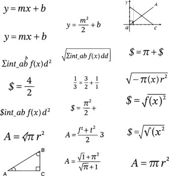 Mathematical equations, formulas, and geometric diagrams