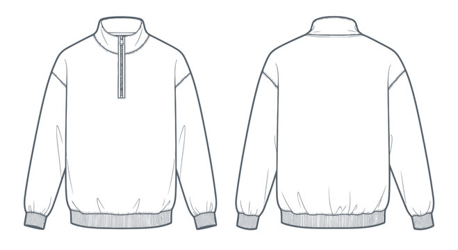 Fashion Illustration: Front and back view of a white quarter zip sweatshirt outline sketch