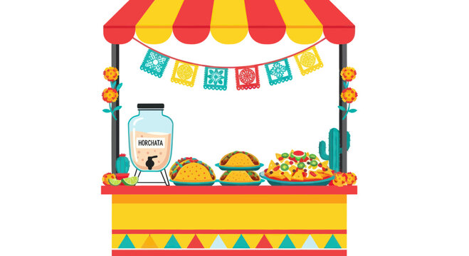 Mexican Fiesta Food Stand with Tacos, Nachos, and Horchata Drink