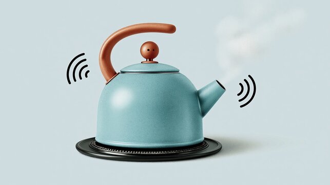 Blue kettle with wooden handle on a black stove, steam rising from the spout, sound waves indicated, minimalist kitchen setting with light background