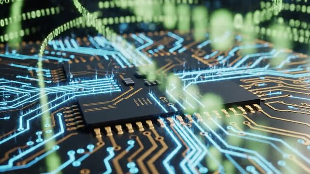 Futuristic microprocessor on a circuit board with floating binary code representing high speed data processing