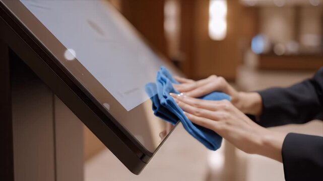 Close up of hands cleaning a modern touchscreen display with a blue microfiber cloth in a well lit indoor setting