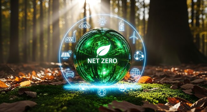 Net zero concept with green globe in forest, sustainable future