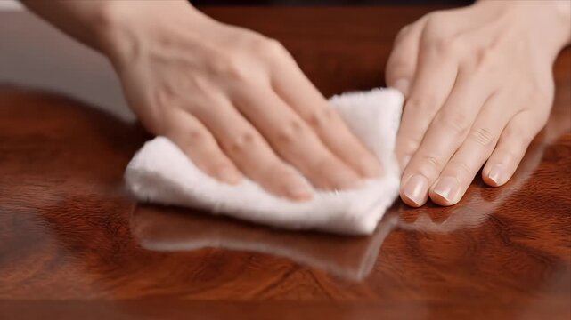 Close Up Of Hands Cleaning A Polished Wooden Surface With A White Cloth Gentle Polishing And Buffing Gleaming Wood