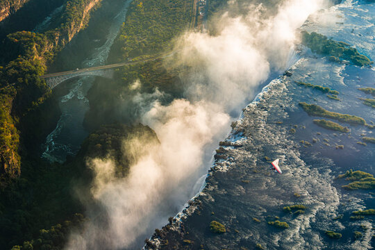 Zimbabwe - Victoria Falls - Mosi-oa-Tunya - Aerial View of Falls with Microlight Aircraft