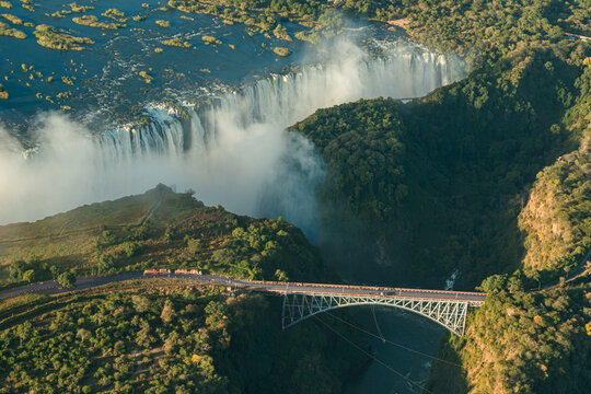 Zimbabwe - Victoria Falls - Mosi-oa-Tunya - Aerial View of Falls and Victoria Falls Bridge