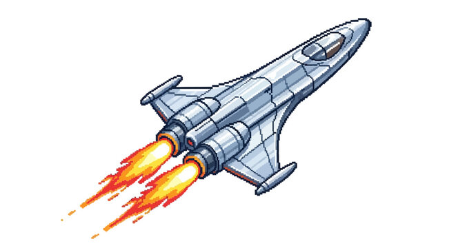 Futuristic Spaceship with Fiery Rocket Boosters in Motion.