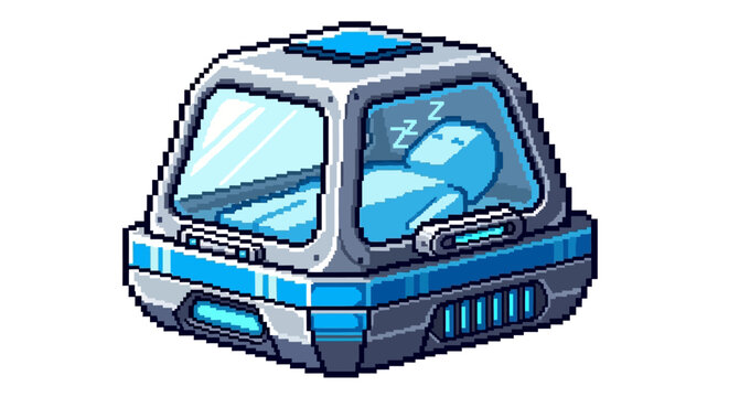 Futuristic sleep pod with person inside.