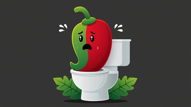 Cartoon illustration of a sad chili pepper character sitting in a toilet, with tears and green leaves surrounding the toilet bowl on a dark background