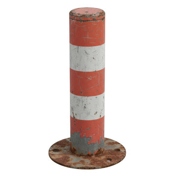 Weathered red and white striped metal traffic bollard isolated on a transparent background