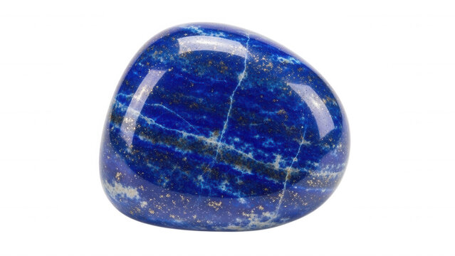 Polished deep blue lapis lazuli gemstone with golden pyrite flecks and white veins isolated on a transparent background