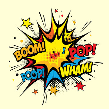 Comic book explosion with BOOM, POP, POOP, WHAM words and colorful starburst