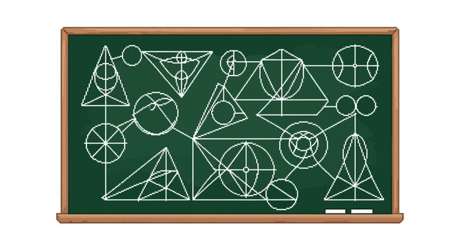 Geometric Shapes and Formulas Drawn on a Chalkboard.