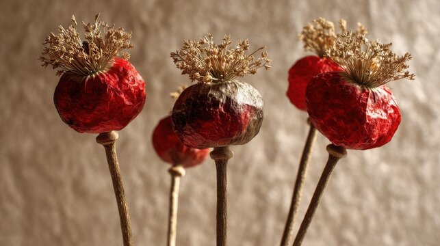 Bright Red Poppy Seed Pods With Dried Intricate Structures on Stems