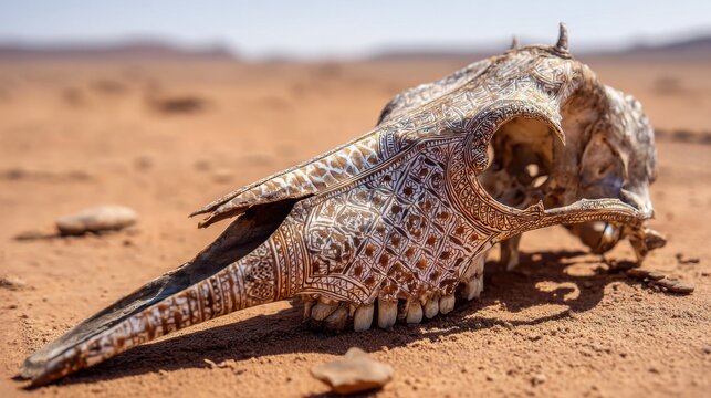 Intricately patterned sun-bleached animal skull rests on arid desert sand, showcasing weathered texture and dry remains.