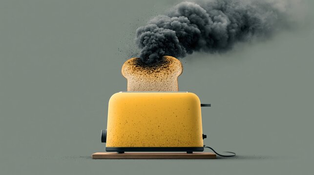Yellow toaster emitting smoke with burnt toast popping out, set against a gray background, showcasing a malfunctioning kitchen appliance in a modern design