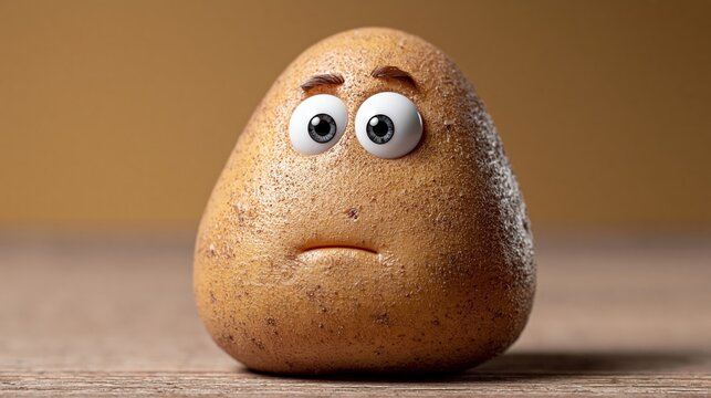 Cartoon-style potato character with large eyes and a sad expression, placed on a wooden surface against a blurred brown background
