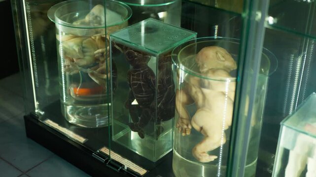 Exhibition of anatomical exhibits. A human infant with the pathological development of anencephaly