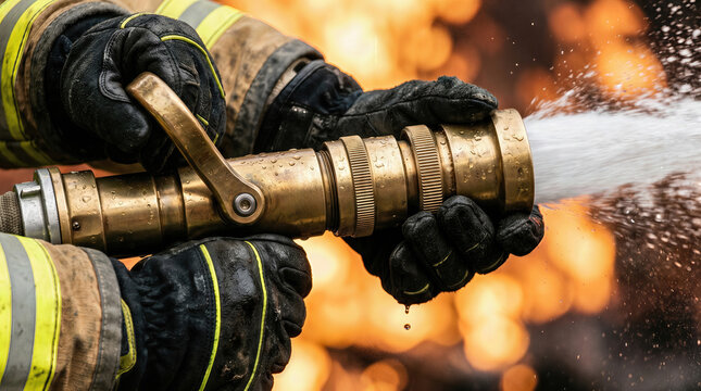 Firefighter in protective gear operates a brass fire hose nozzle, spraying water towards flames in a dramatic firefighting scene with intense heat visible