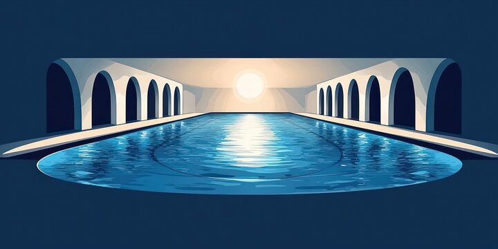 Tranquil sunlit reflecting pool flanked by symmetrical arched colonnades with calm rippling water and a warm glowing horizon