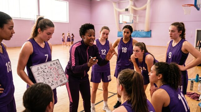 Basketball coach briefing players during timeout in gym