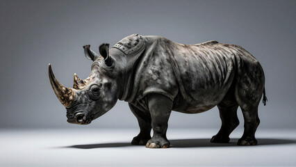 Fototapeta premium Powerful Grey Rhinoceros Standing Majestically in Studio Light