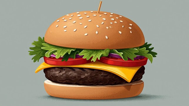 Illustration of a delicious hamburger featuring sesame seed bun, lettuce, tomato, onion, cheddar cheese, and a beef patty on a light gray background