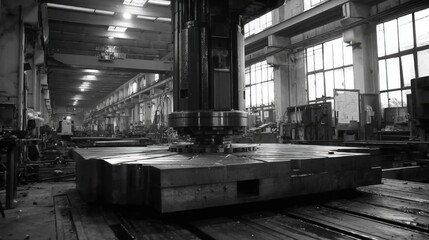 Naklejka premium Massive industrial milling machine in a dimly lit factory workshop, demonstrating heavy-duty manufacturing precision.