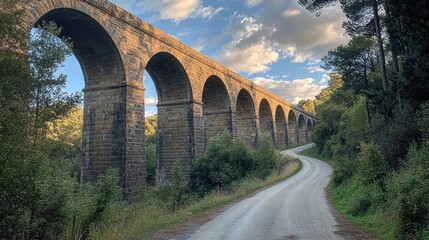 Fototapeta premium sunlit stone viaduct with repeating arches beside a winding gravel country road through green woodland under a blue sky — peaceful and timeless scene