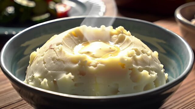 Steaming mashed potatoes with melted butter in a bowl sits on a wooden table