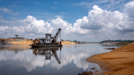 Fototapeta premium Excavation Vessel at Sand Extraction Site Under Cloudy Sky