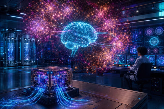 Digital AI brain. Interacting with an Artificial Super Intelligence far more intelligent than a human. Virtual interface. Technology concept. Futuristic. Hologram. AGI. Generative AI