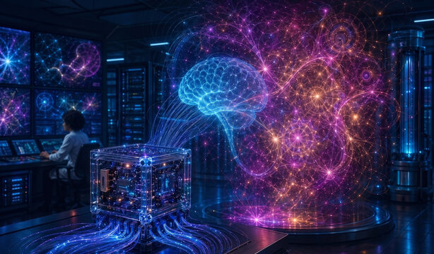 Digital AI brain. Interacting with an Artificial Super Intelligence far more intelligent than a human. Virtual interface. Technology concept. Futuristic. Hologram. AGI. Generative AI