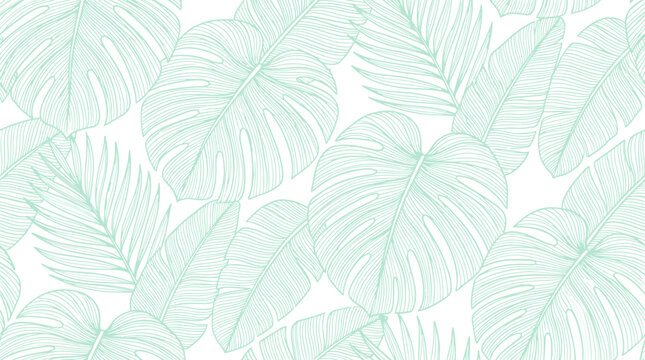 Soft mint green tropical leaf pattern background with Monstera and palm fronds for seamless design and nature-inspired wallpaper