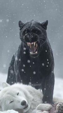 Powerful black panther aggressively attacking a white wolf in a snowy environment, showcasing a fierce predatory display amidst falling snowflakes, 
