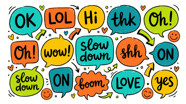 Colorful cartoon speech bubble collage with popular phrases and onomatopoeia, a playful typography illustration for comics, stickers, and social media design.