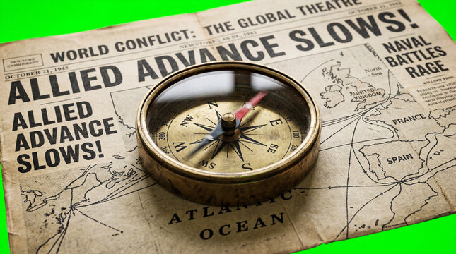 Vintage Brass Compass on World War II Newspaper Background