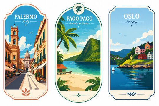 Travel destination labels: Palermo, Pago Pago, and Oslo vector illustration