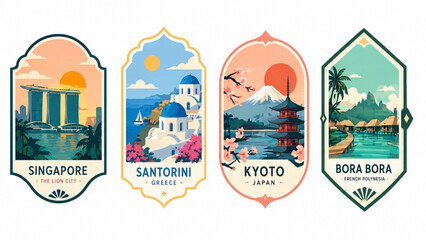 Obraz premium Set of Travel Destination Badges: Singapore, Santorini, Kyoto, Bora Bora Vector Illustration
