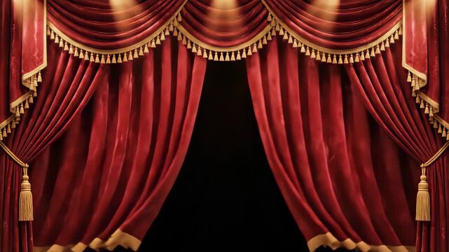 Classic red velvet theater stage curtain with golden tassels and spotlights
