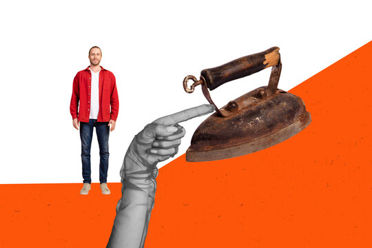 3D collage trend artwork composite sketch poster of young man small size stand big hand wear glove finger point iron tool drying household
