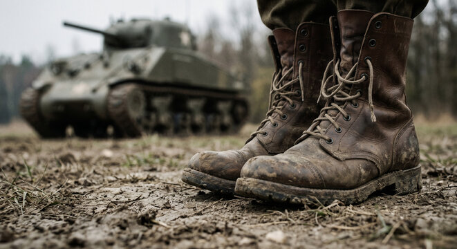 Muddy Military Boots in Foreground with Blurred Vintage Tank on Battlefield