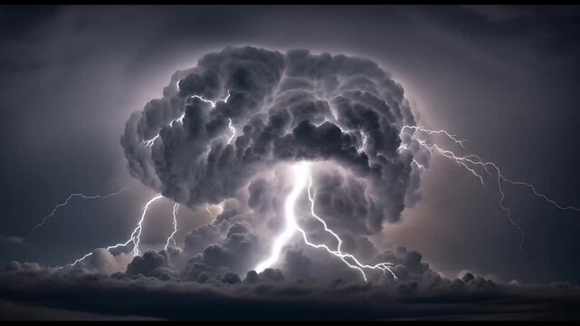 A massive cumulonimbus cloud illuminates the dark sky with intense, multiple lightning bolts striking simultaneously in a dramatic display.
