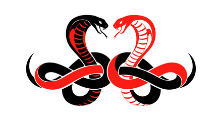 Obraz premium Two Cobras Intertwined, Red and Black, Yin Yang Symbolism, Tattoo Design