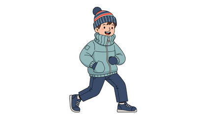 Fototapeta premium Happy young boy in a thick winter coat, boots, and a colorful striped beanie is walking briskly on a cold and snowy day for outdoor fun.