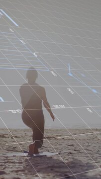 Vertical video: Woman walking shifting lifting arms balancing one-leg while HUD showing health