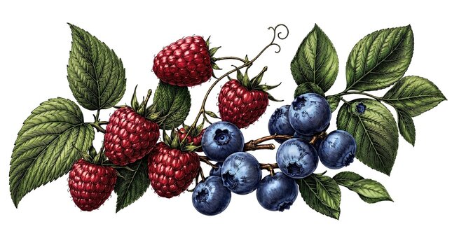 Botanical Illustration of Fresh Raspberries and Blueberries on White Background