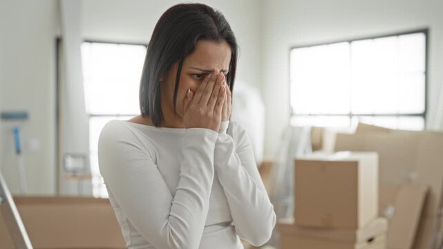 Young woman covers face with hands wearing white top amid stacked cardboard boxes and ladder in a building; moving day stress.