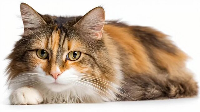 An adorable young tabby kitten with fluffy gray fur sits on a white background, its beautiful eyes looking directly at the camera in a domestic feline portrait